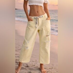 NWT Free People We The Free Moxie Low Slung Barrel Jeans Lemon Icing Wash Sz 31